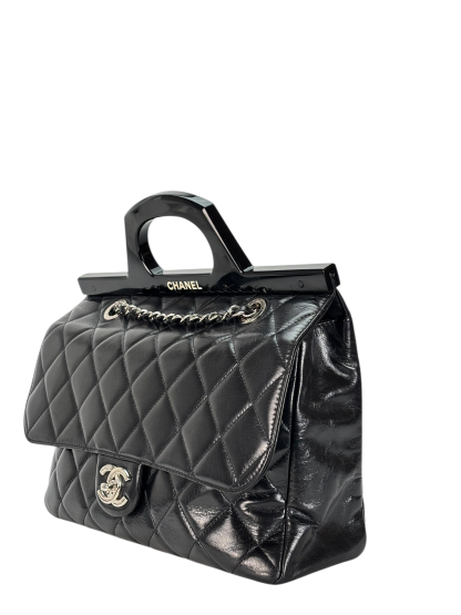 CHANEL - Black Oiled Leather Calfskin Quilted Small CC Tote Bag
