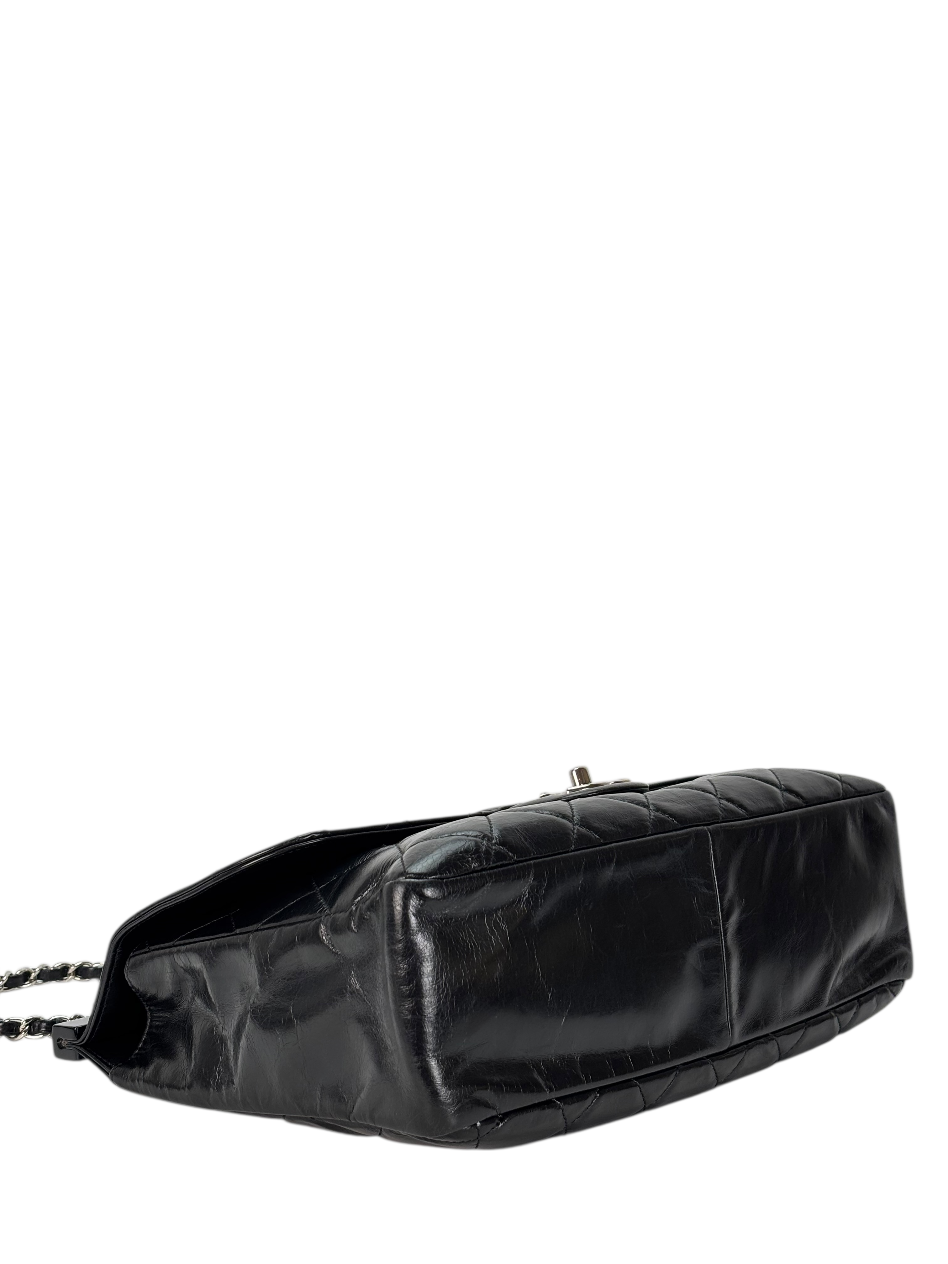 CHANEL - Black Oiled Leather Calfskin Quilted Small CC Tote Bag