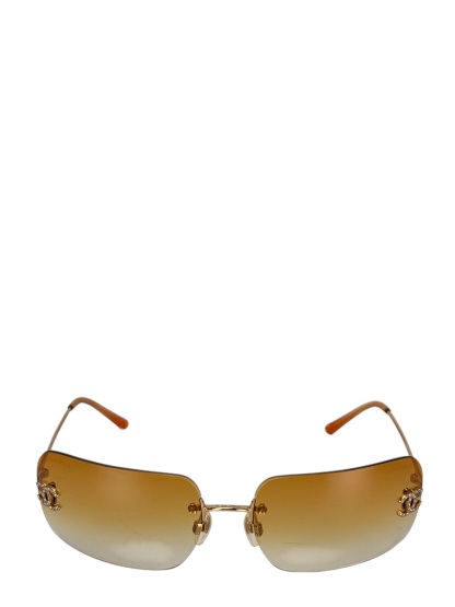 CHANEL - Orange Rhinestone Sunglasses Eyewear Rimless Coco Mark