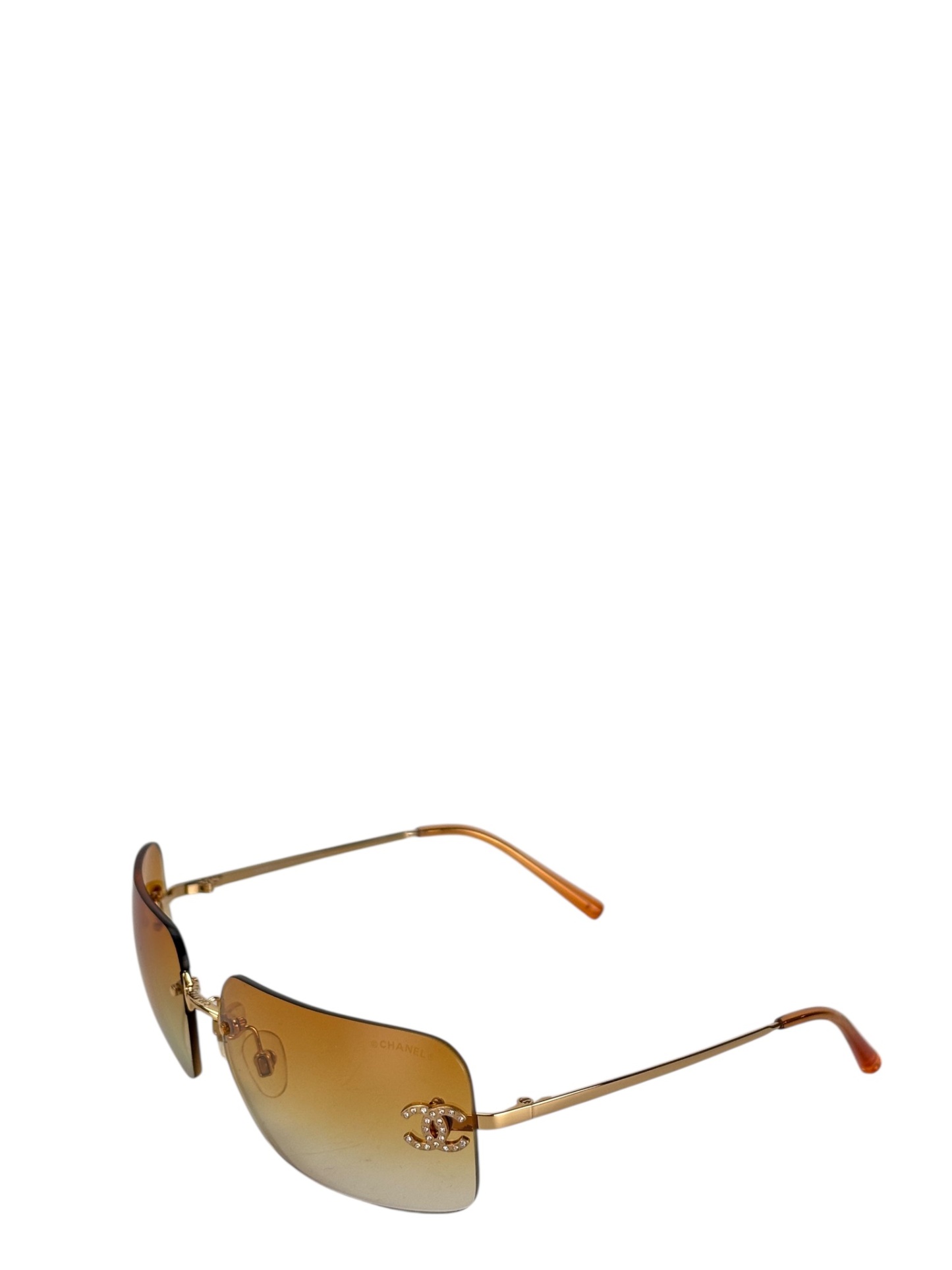 CHANEL - Orange Rhinestone Sunglasses Eyewear Rimless Coco Mark