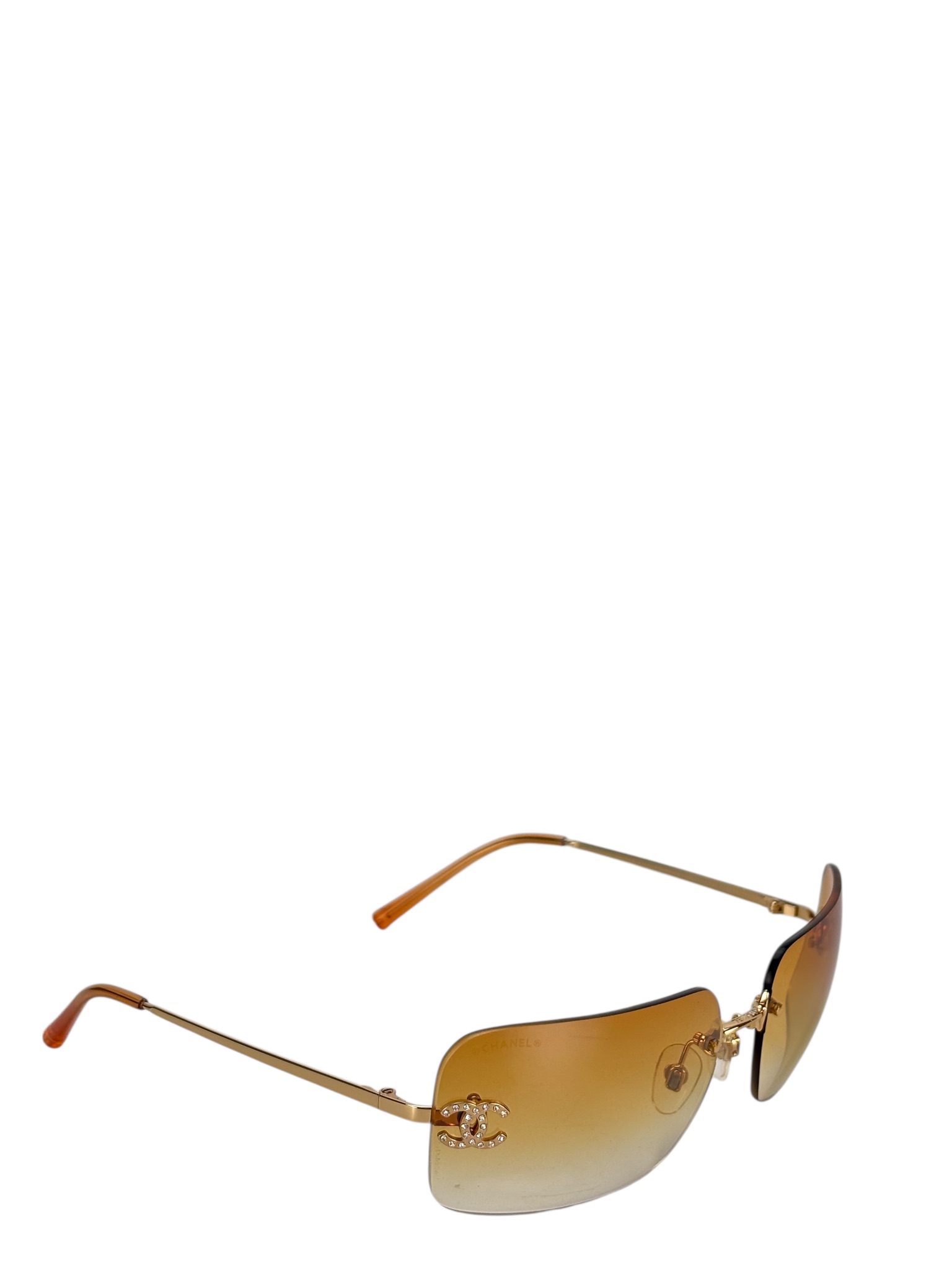 CHANEL - Orange Rhinestone Sunglasses Eyewear Rimless Coco Mark