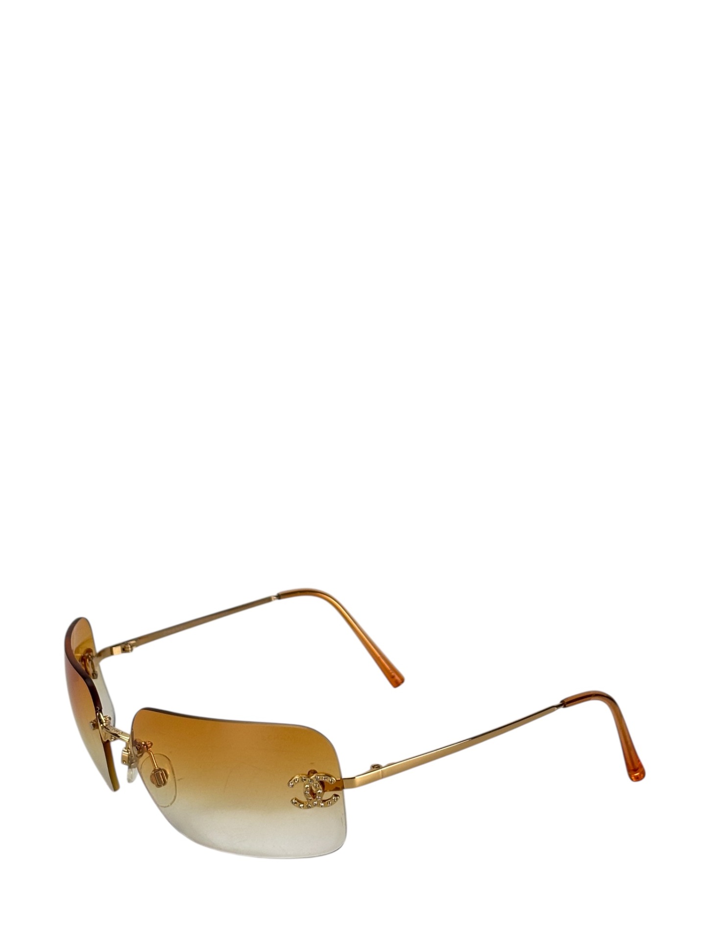CHANEL - Orange Rhinestone Sunglasses Eyewear Rimless Coco Mark