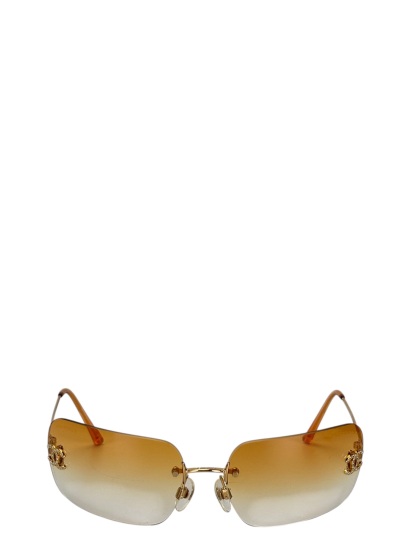 CHANEL - Orange Rhinestone Sunglasses Eyewear Rimless Coco Mark