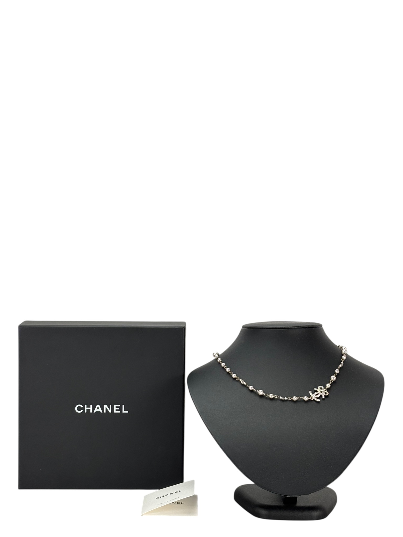 CHANEL - 22B Silver Coco Mark Rhinestones Faux Pearl Necklace