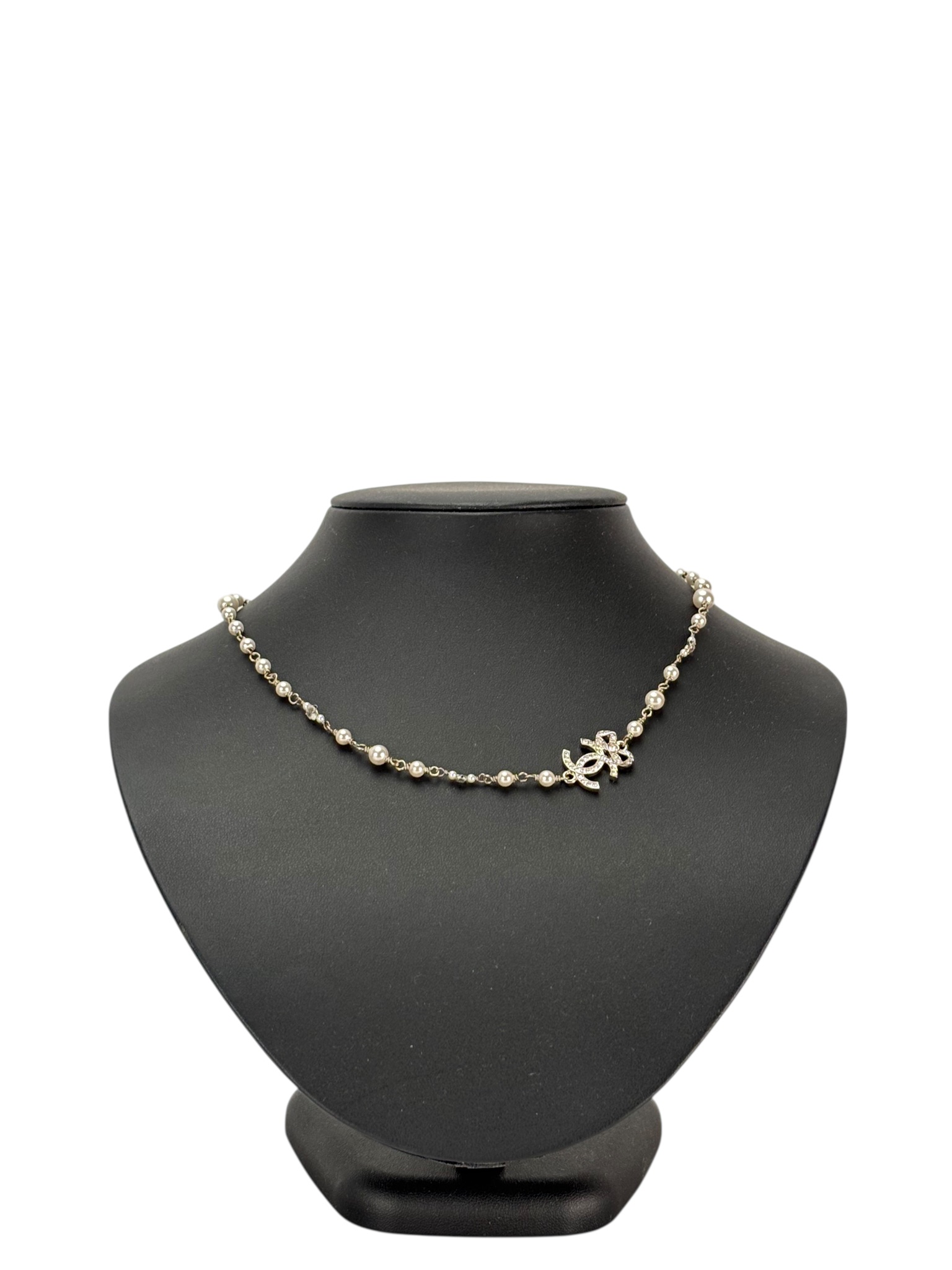 CHANEL - 22B Silver Coco Mark Rhinestones Faux Pearl Necklace