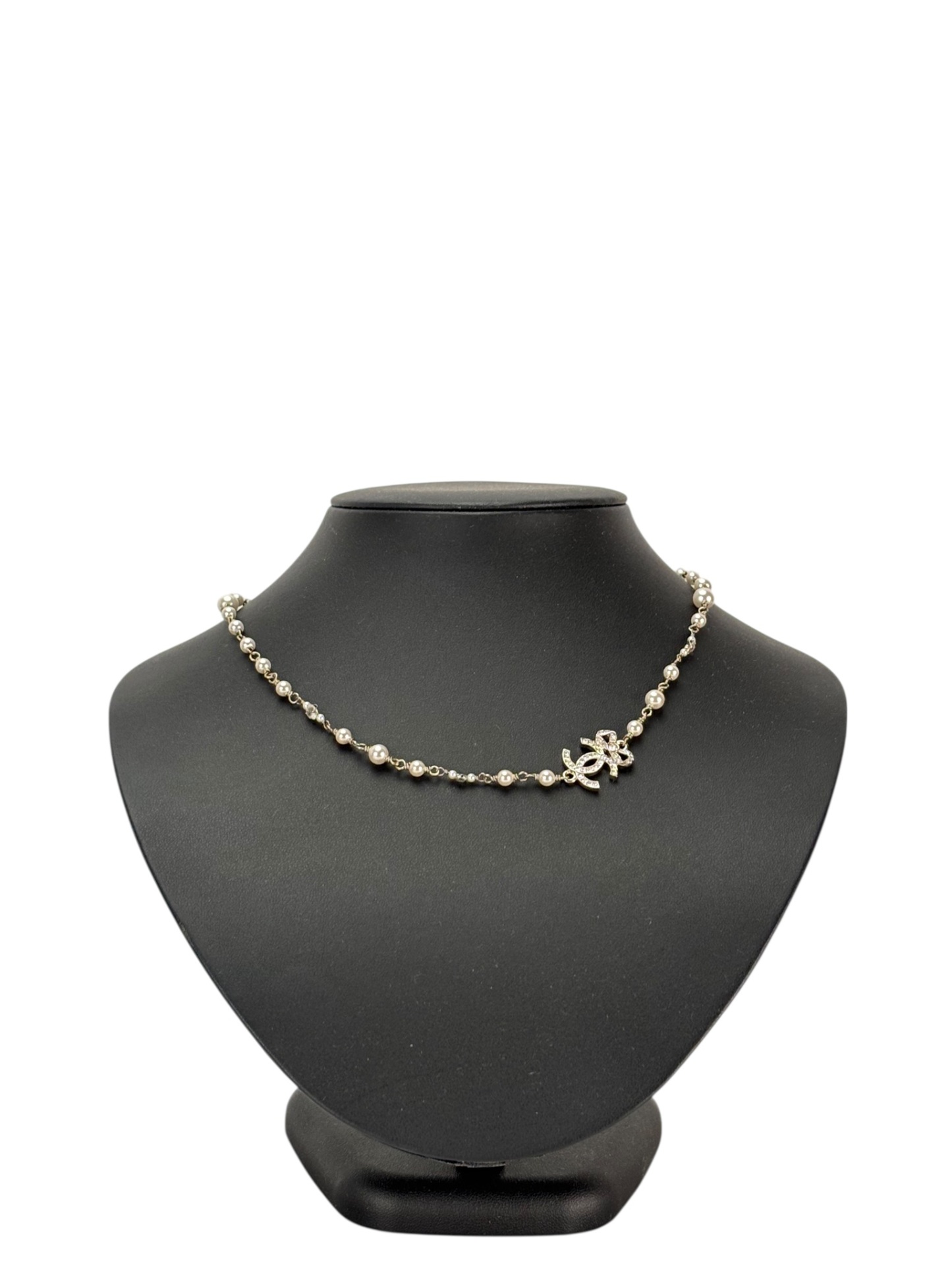 CHANEL - 22B Silver Coco Mark Rhinestones Faux Pearl Necklace