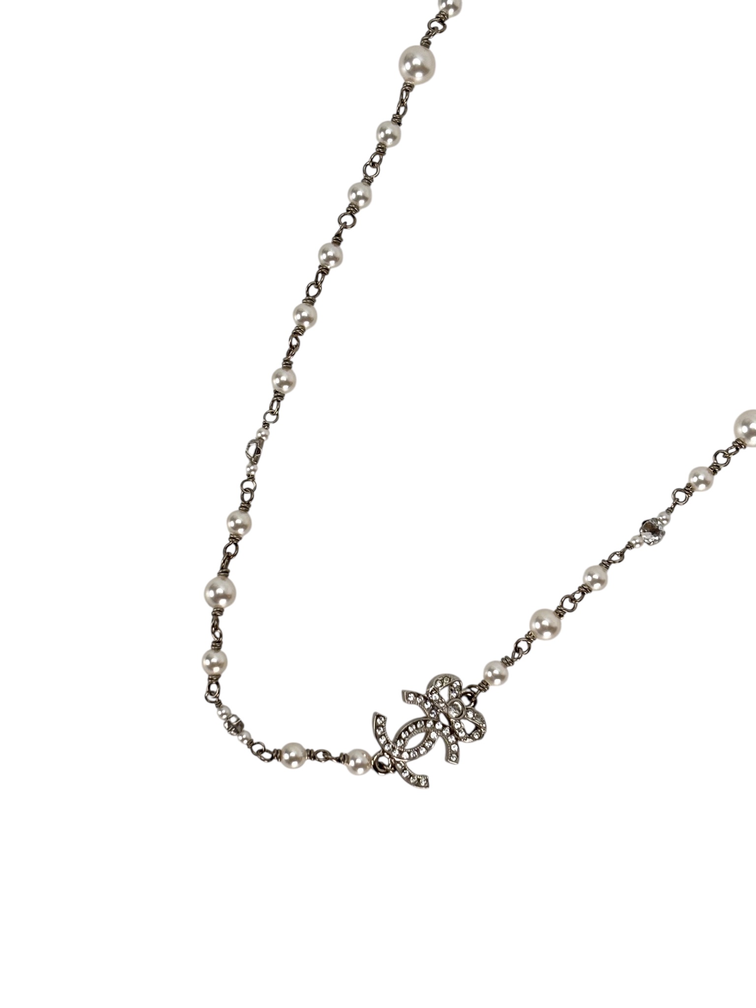 CHANEL - 22B Silver Coco Mark Rhinestones Faux Pearl Necklace