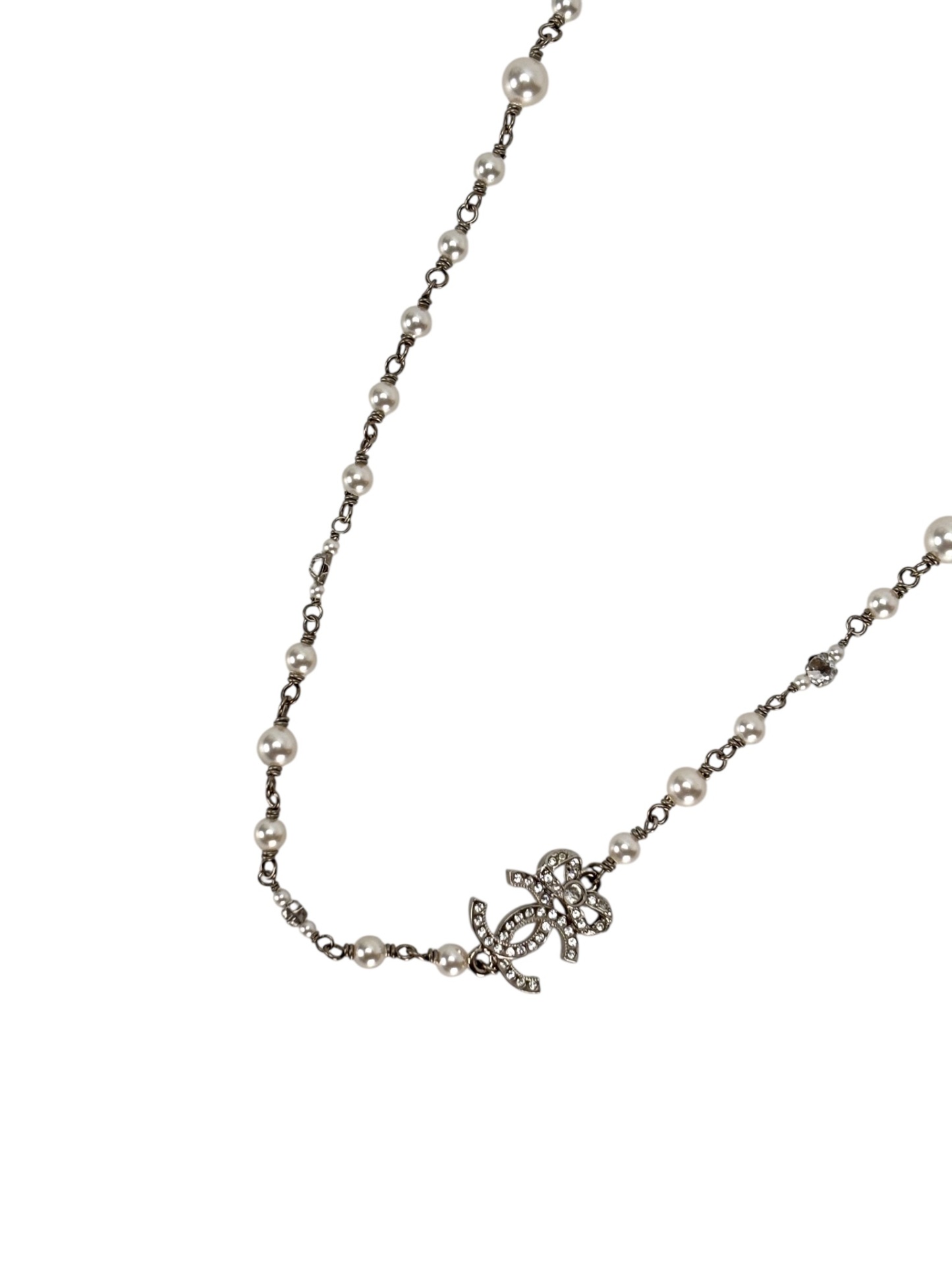 CHANEL - 22B Silver Coco Mark Rhinestones Faux Pearl Necklace