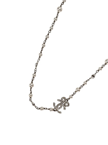 CHANEL - 22B Silver Coco Mark Rhinestones Faux Pearl Necklace