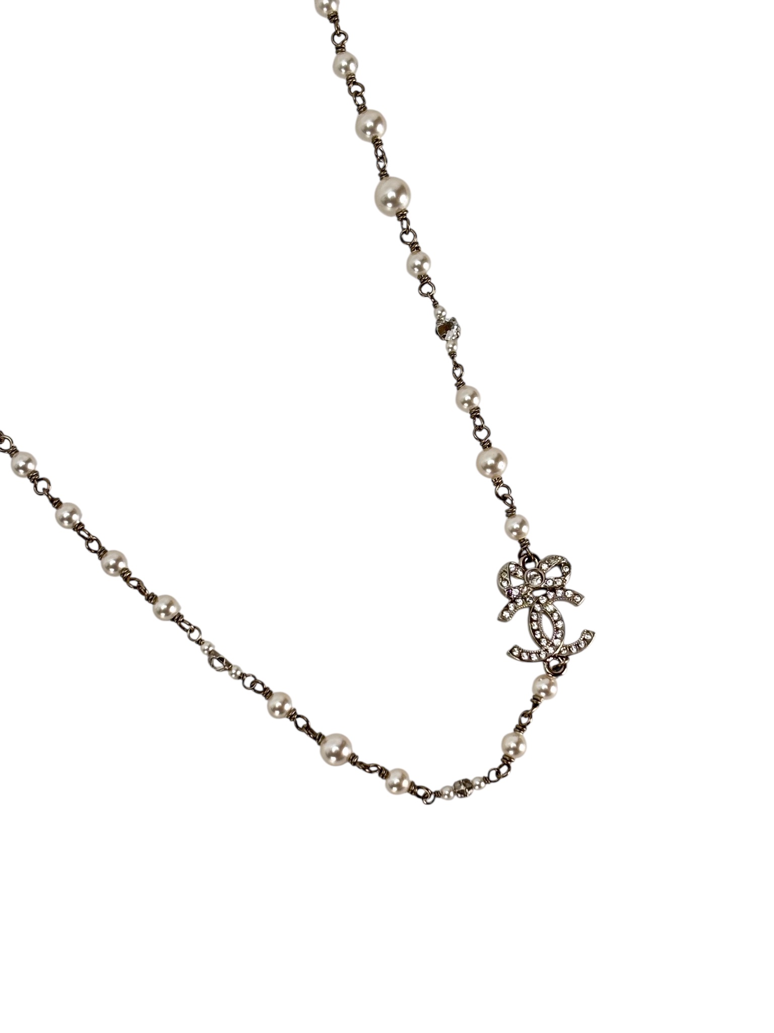 CHANEL - 22B Silver Coco Mark Rhinestones Faux Pearl Necklace