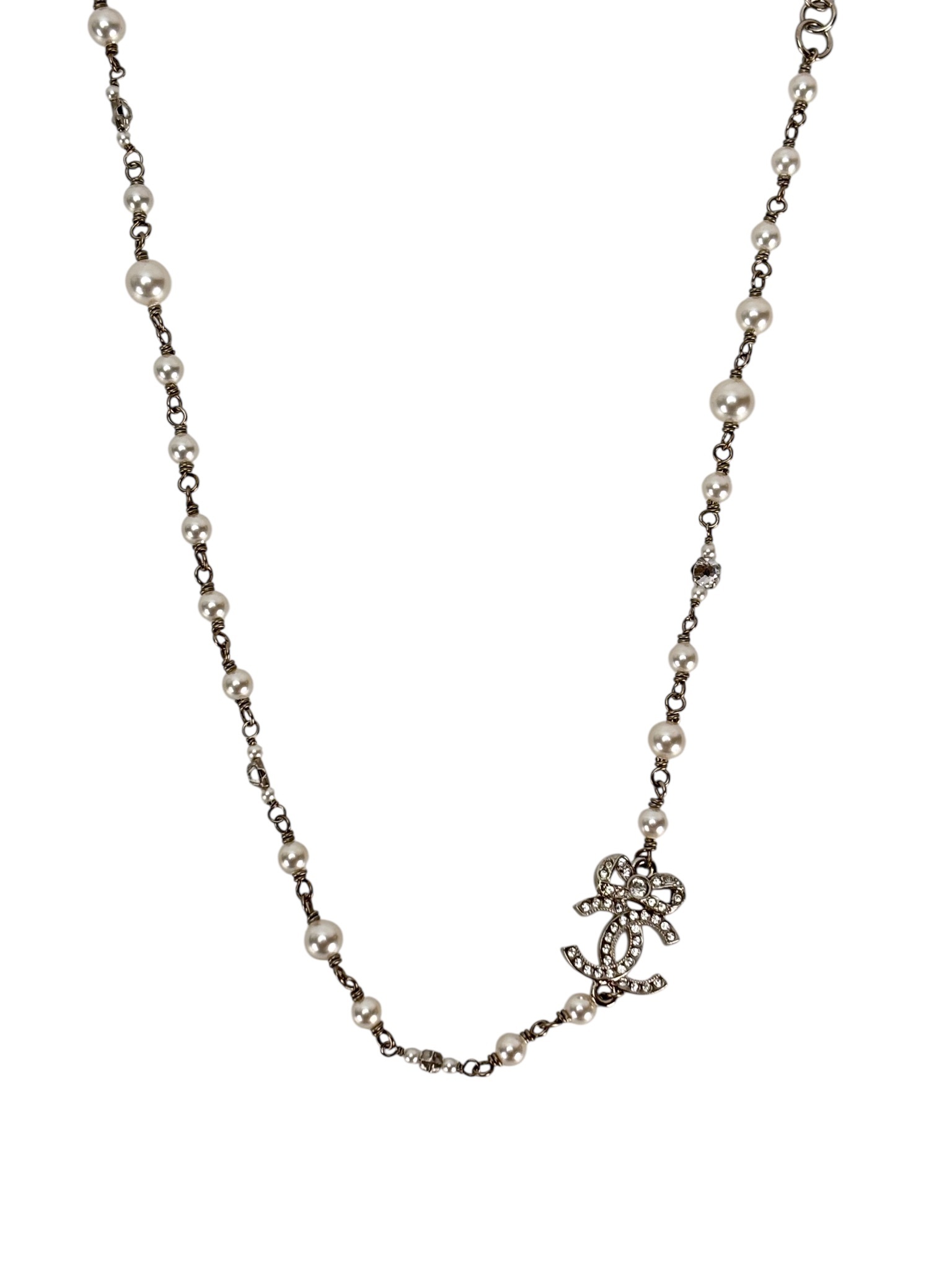 CHANEL - 22B Silver Coco Mark Rhinestones Faux Pearl Necklace