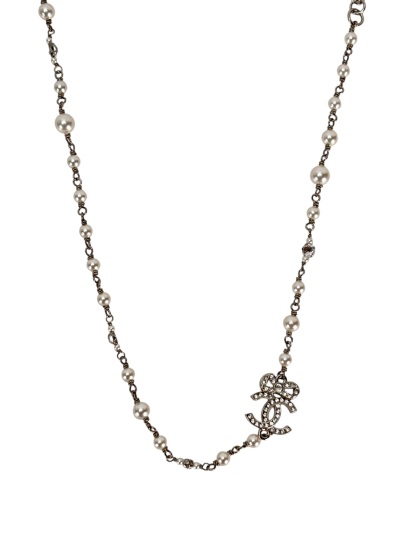 CHANEL - 22B Silver Coco Mark Rhinestones Faux Pearl Necklace