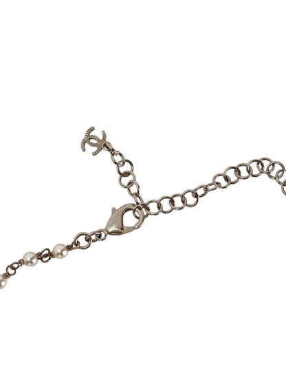 CHANEL - 22B Silver Coco Mark Rhinestones Faux Pearl Necklace