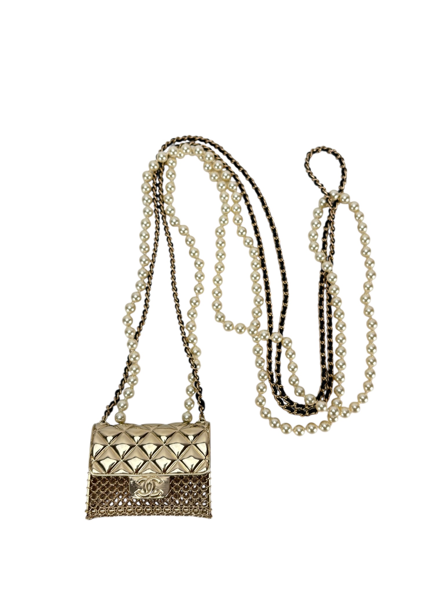 CHANEL - 21S Gold Metal Faux Pearls Tiny Bag Pendant Necklace
