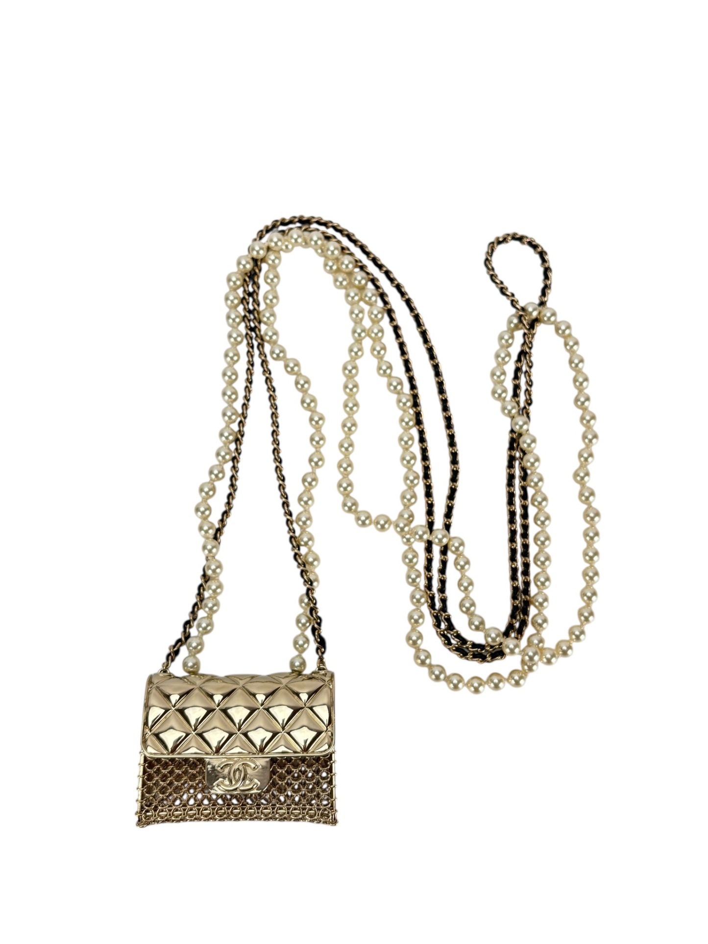 CHANEL - 21S Gold Metal Faux Pearls Tiny Bag Pendant Necklace