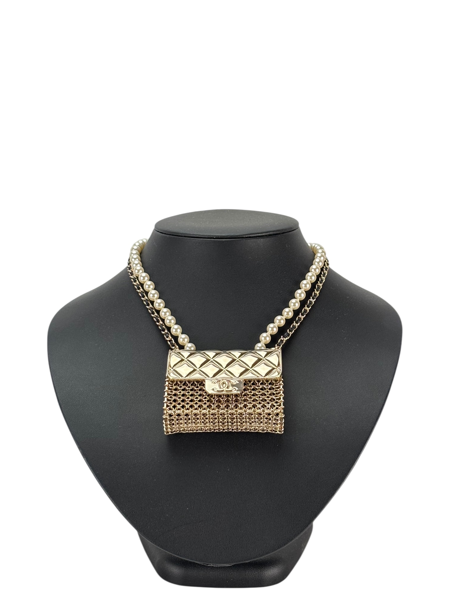 CHANEL - 21S Gold Metal Faux Pearls Tiny Bag Pendant Necklace