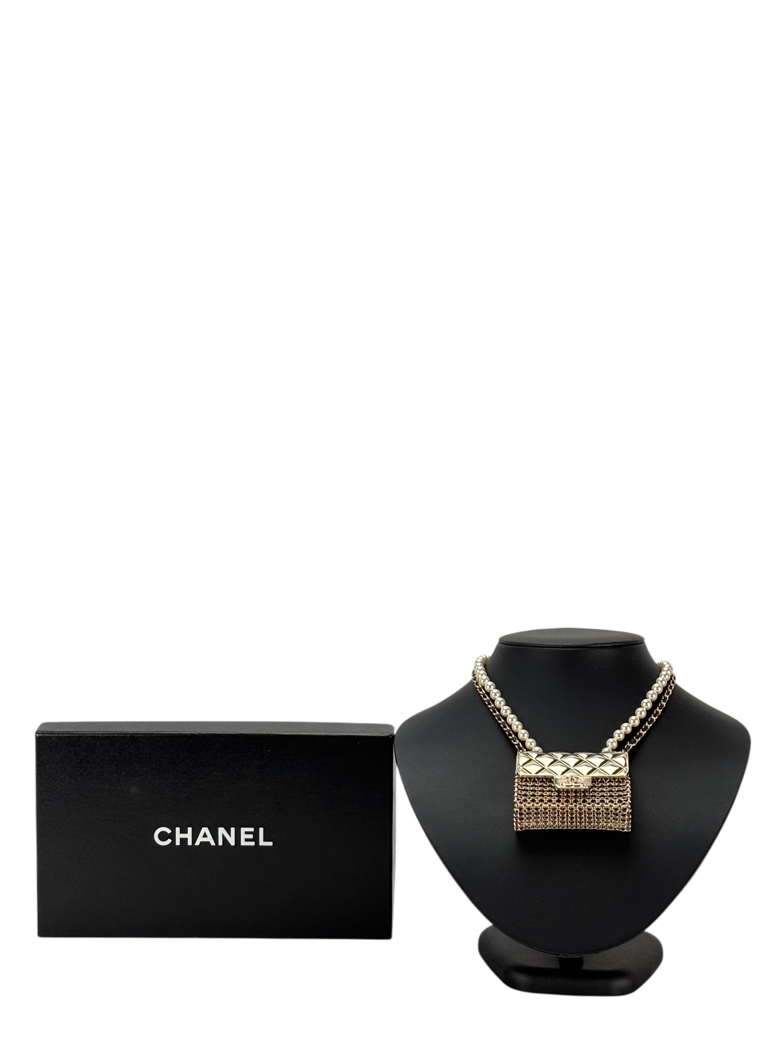 CHANEL - 21S Gold Metal Faux Pearls Tiny Bag Pendant Necklace