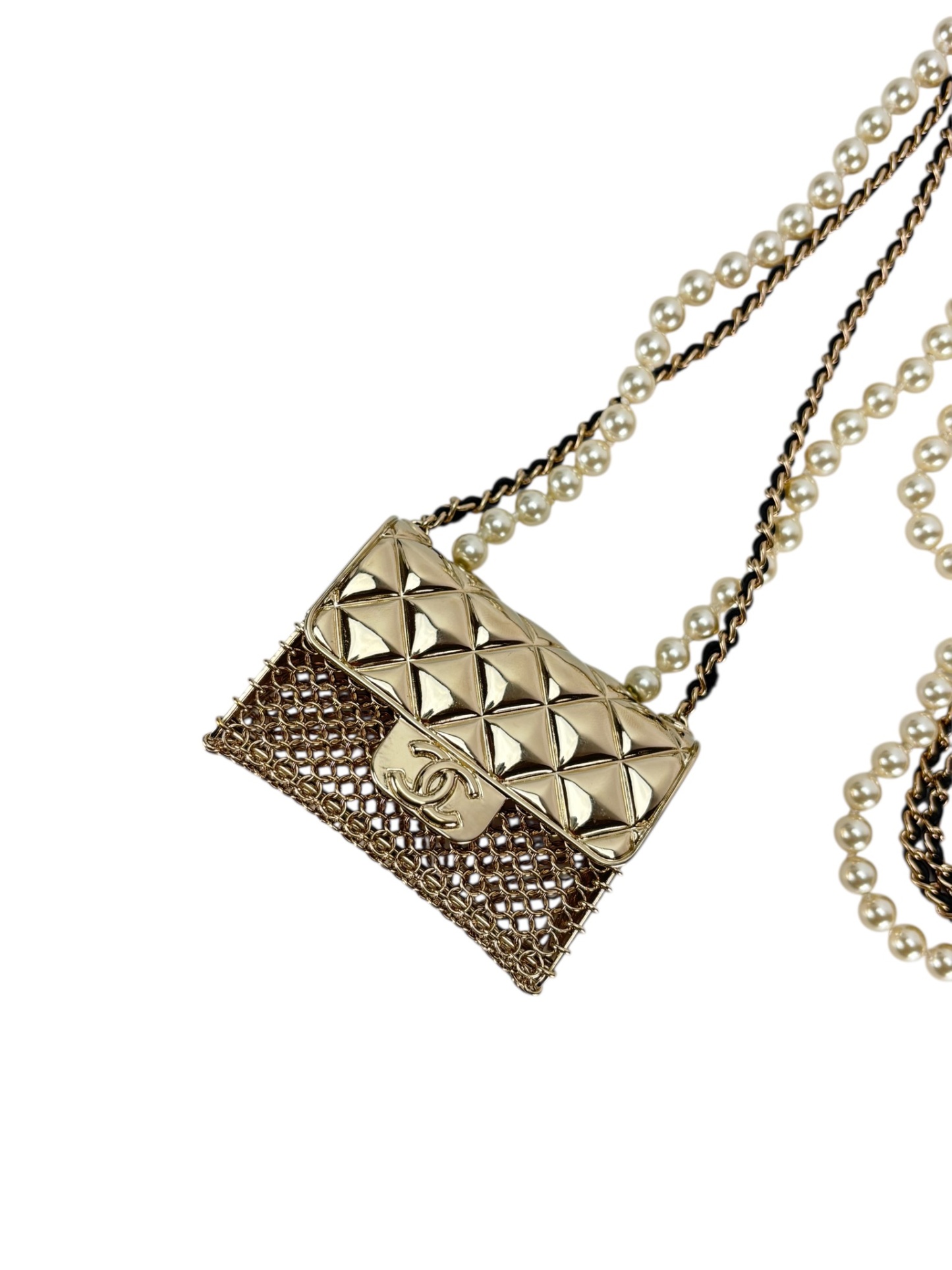 CHANEL - 21S Gold Metal Faux Pearls Tiny Bag Pendant Necklace