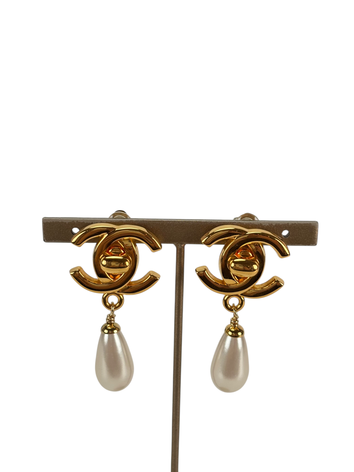 CHANEL - 96A Gold Pearl  Coco Mark Turnlock Teardrop Earrings