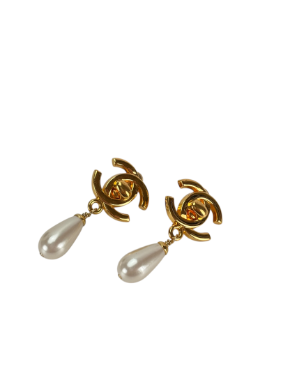 CHANEL - 96A Gold Pearl  Coco Mark Turnlock Teardrop Earrings