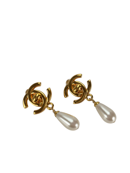 CHANEL - 96A Gold Pearl  Coco Mark Turnlock Teardrop Earrings