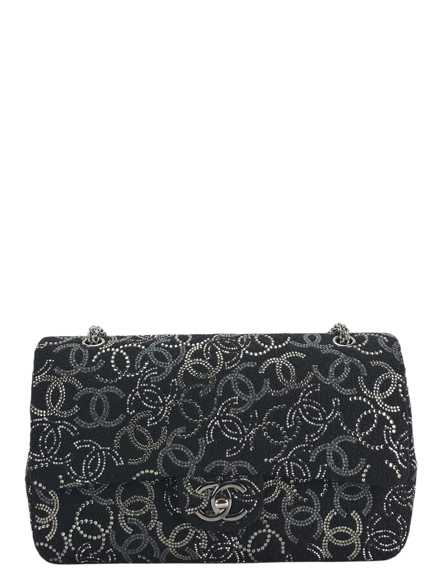 CHANEL - Medium Strass Pudong Flap Black Tweed Gold Hardware 