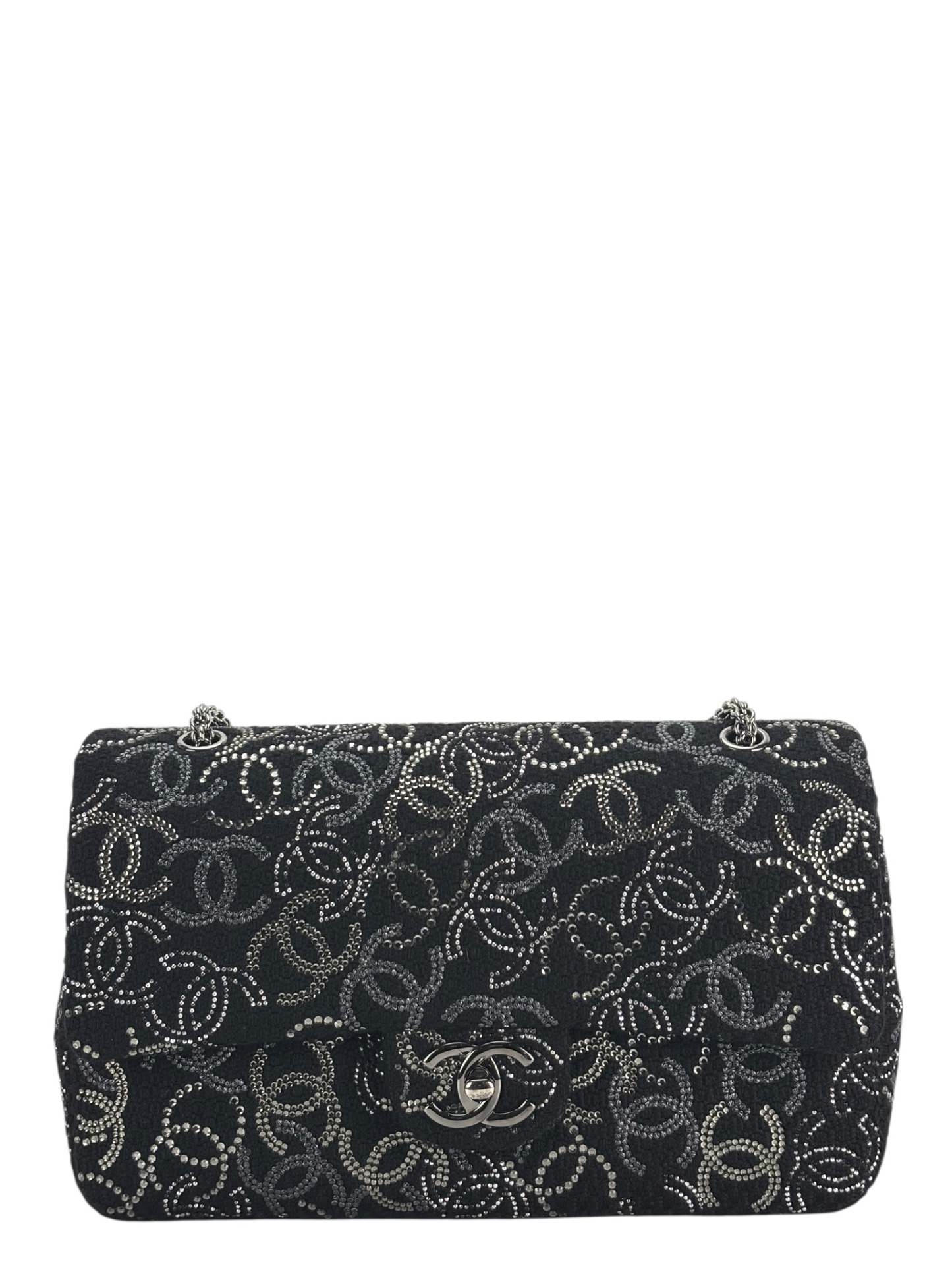 CHANEL - Medium Strass Pudong Flap Black Tweed Gold Hardware 