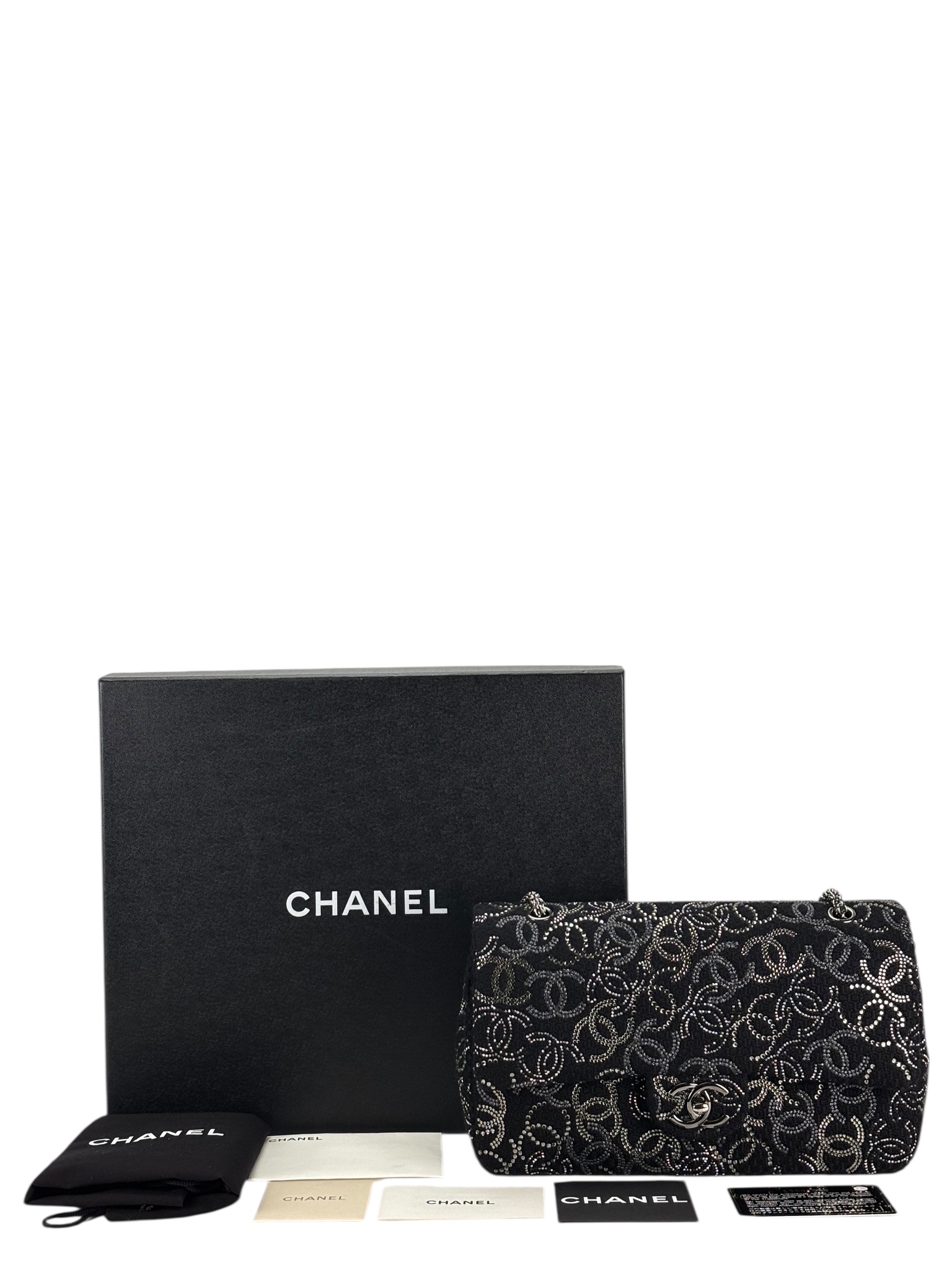 CHANEL - Medium Strass Pudong Flap Black Tweed Gold Hardware 