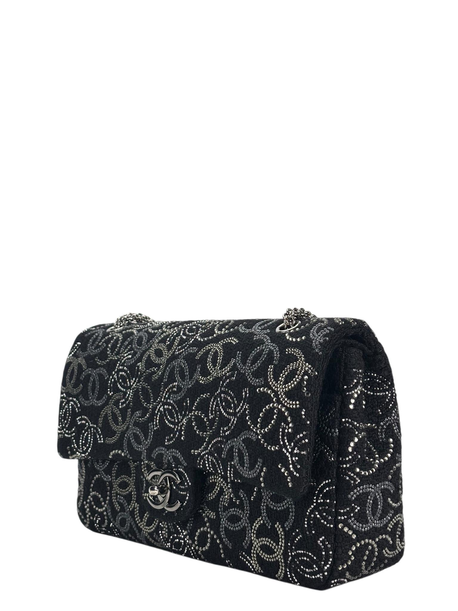 CHANEL - Medium Strass Pudong Flap Black Tweed Gold Hardware 