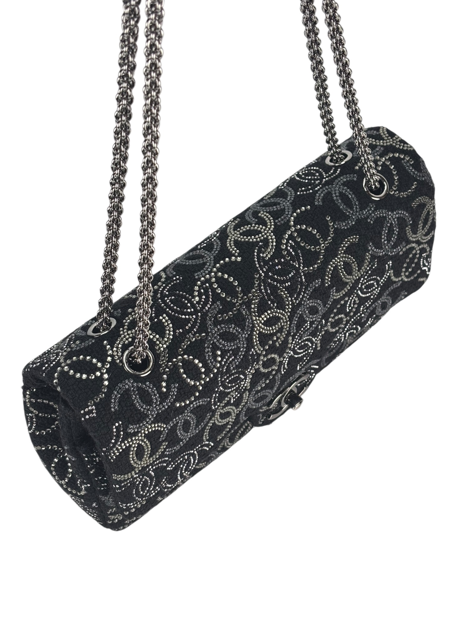 CHANEL - Medium Strass Pudong Flap Black Tweed Gold Hardware 