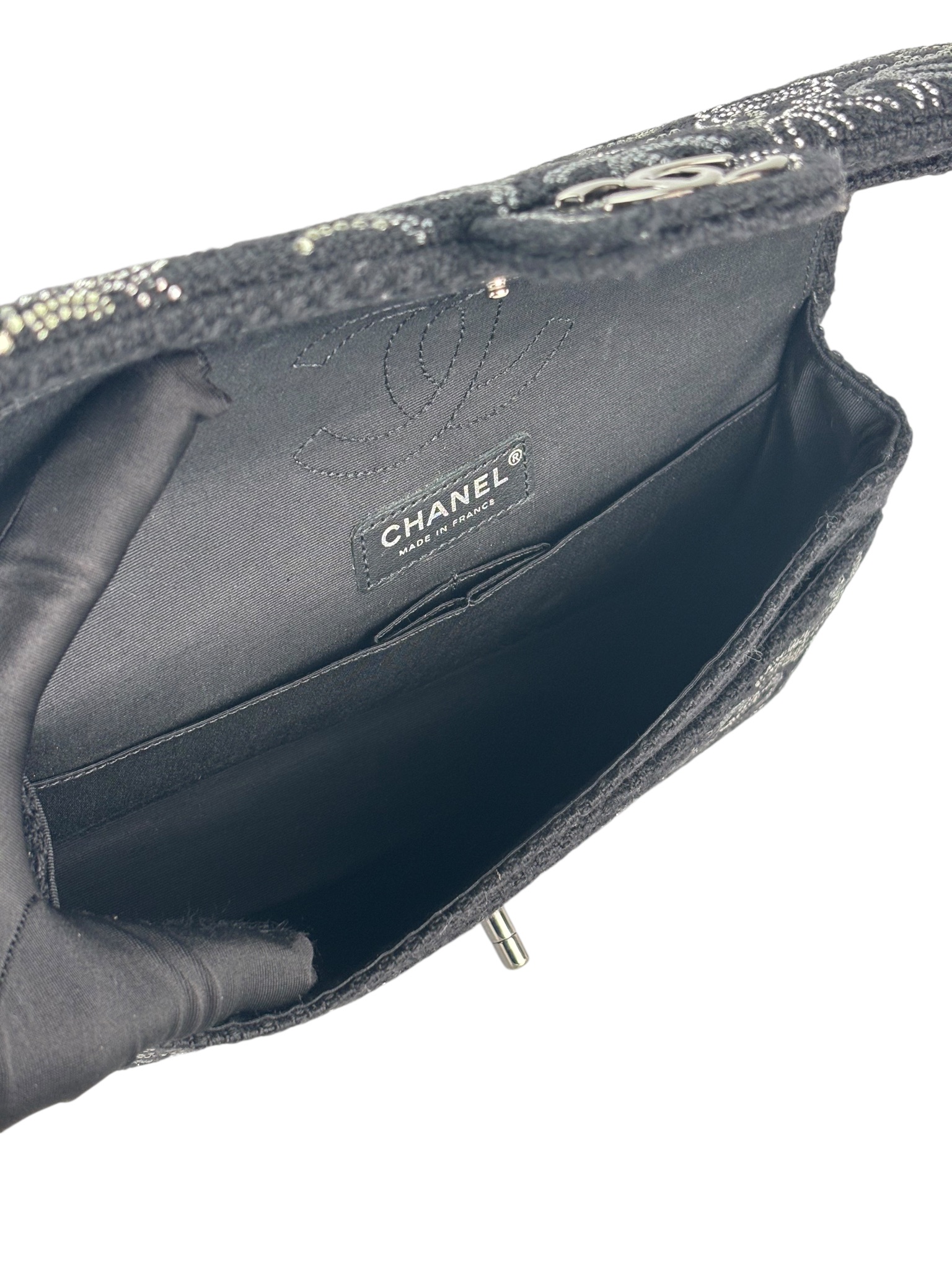 CHANEL - Medium Strass Pudong Flap Black Tweed Gold Hardware 