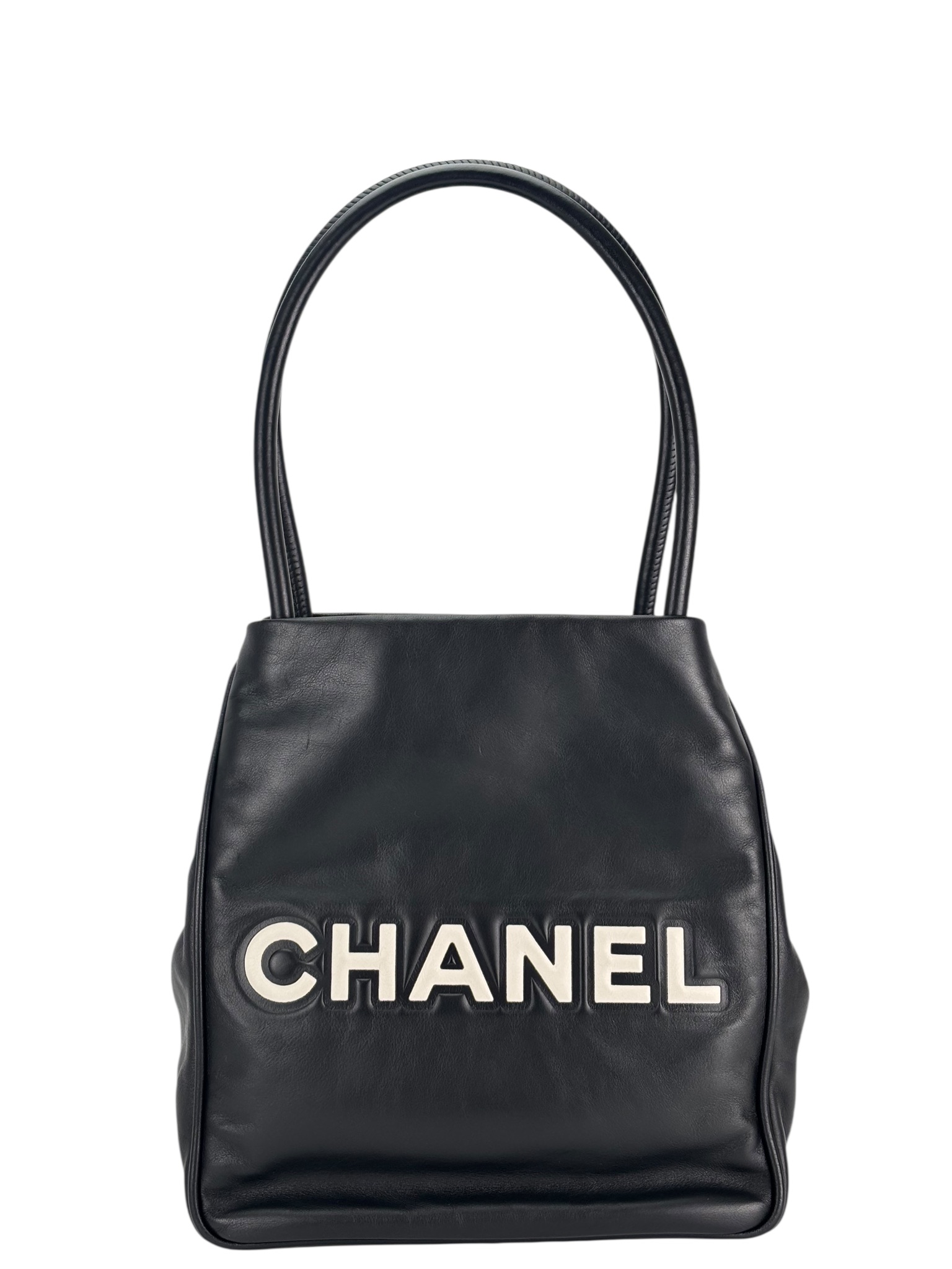 CHANEL - Black White Lambskin Camellia Flower Motif Tote Bag