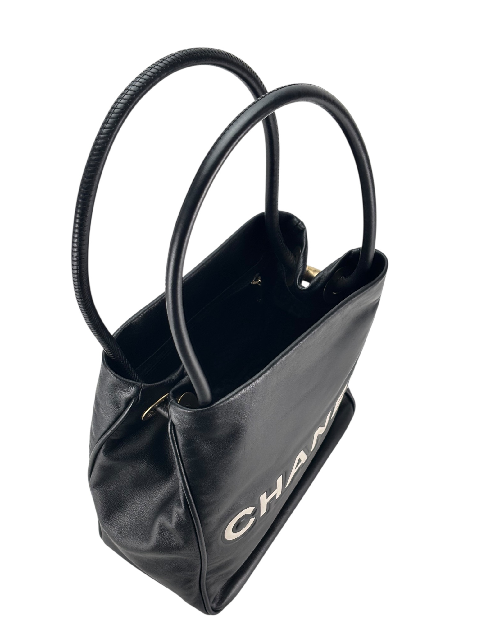 CHANEL - Black White Lambskin Camellia Flower Motif Tote Bag