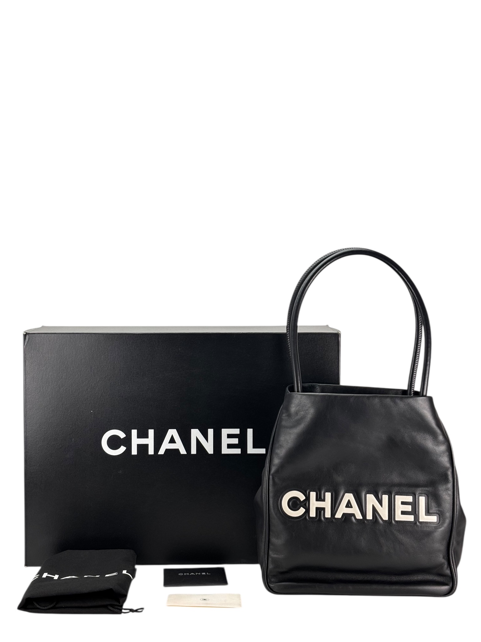 CHANEL - Black White Lambskin Camellia Flower Motif Tote Bag