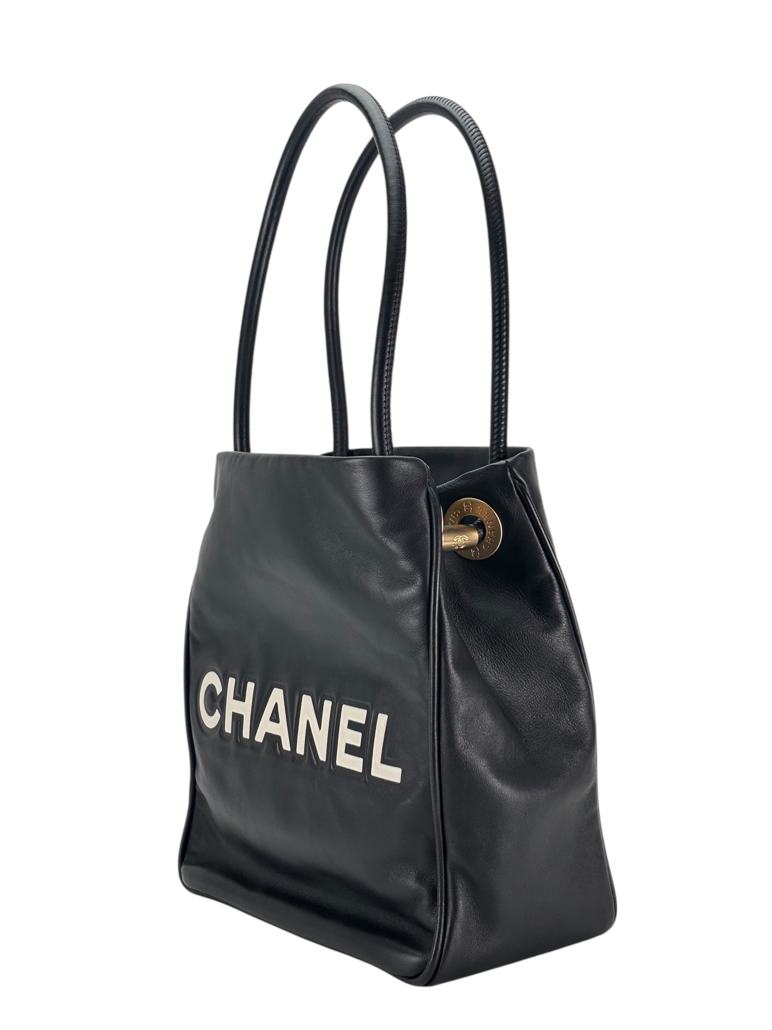 CHANEL - Black White Lambskin Camellia Flower Motif Tote Bag