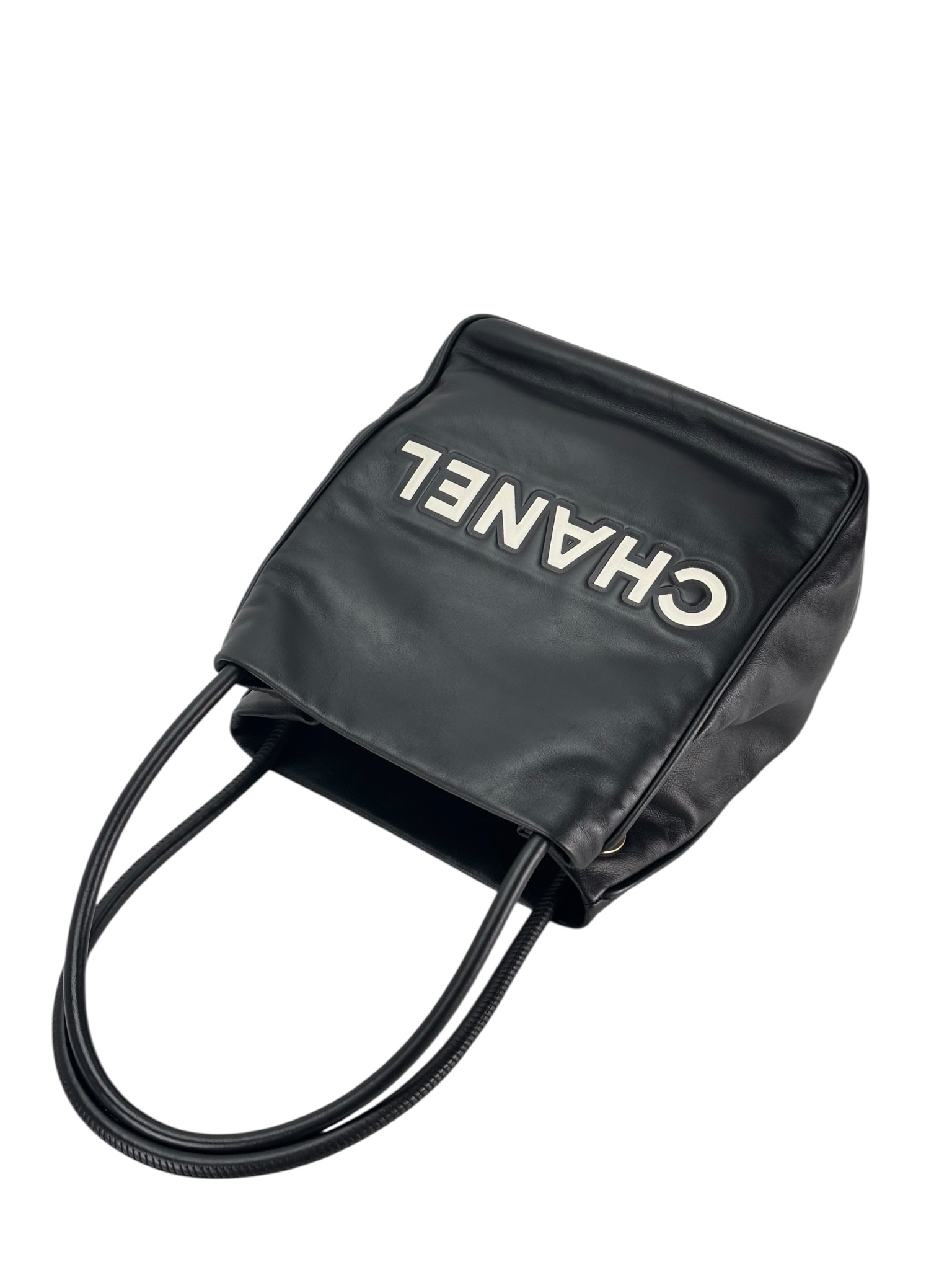 CHANEL - Black White Lambskin Camellia Flower Motif Tote Bag