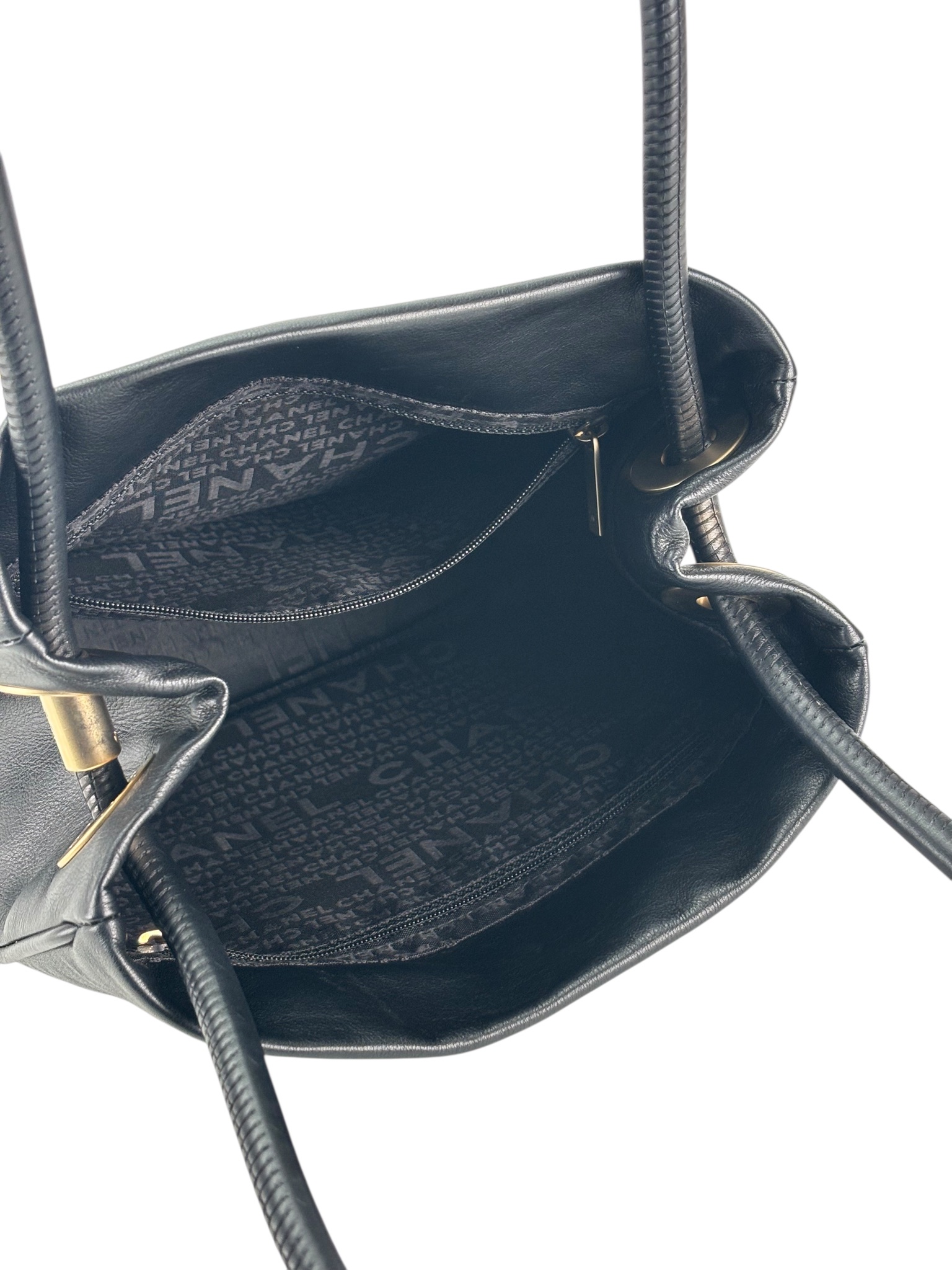 CHANEL - Black White Lambskin Camellia Flower Motif Tote Bag