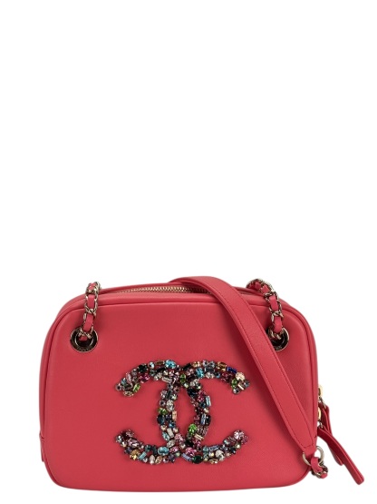 CHANEL - Pink Lambskin Coco Mark Jeweled Crystal Camera Case 2Way Chain Shoulder Bag