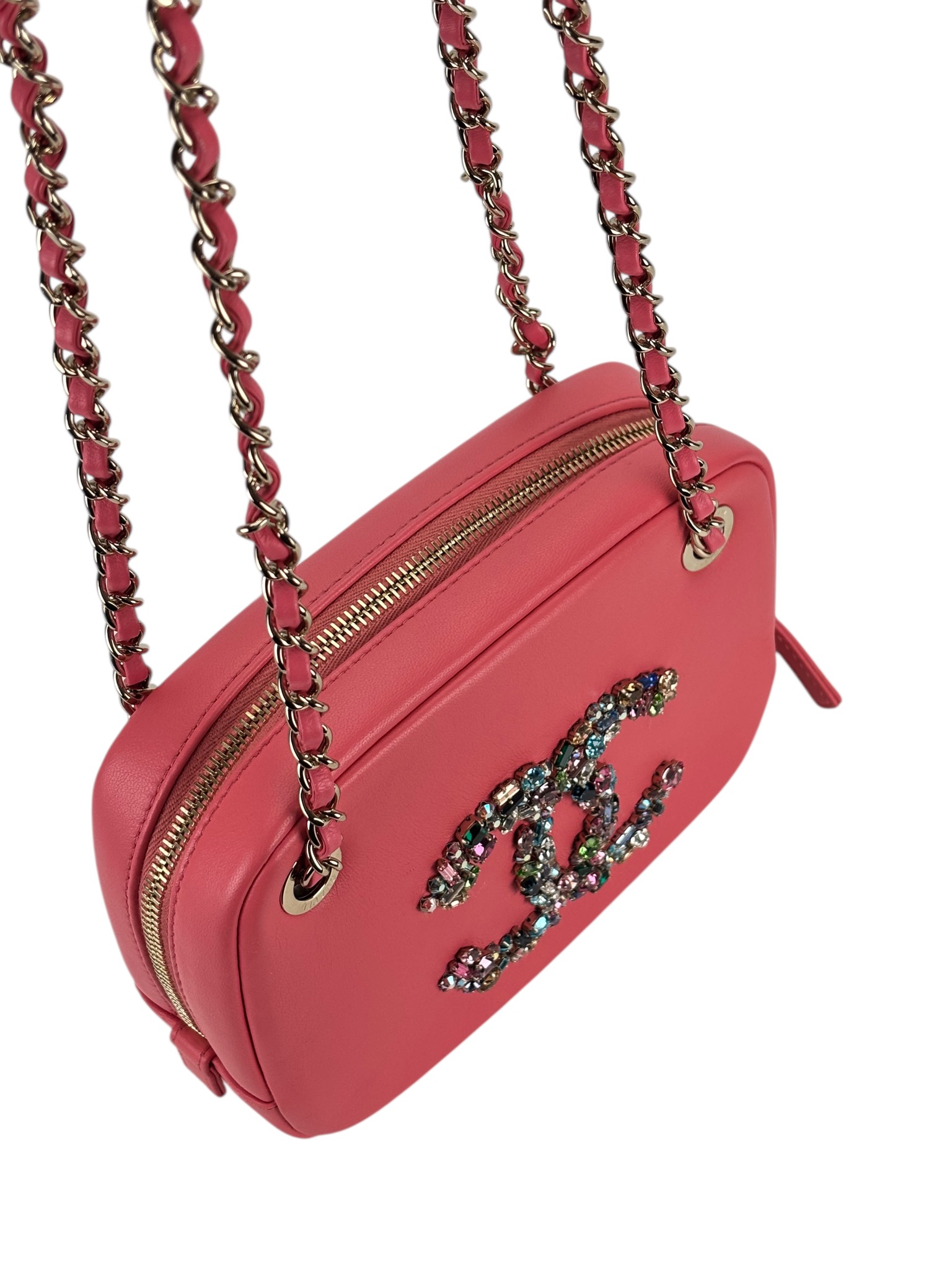 CHANEL - Pink Lambskin Coco Mark Jeweled Crystal Camera Case 2Way Chain Shoulder Bag