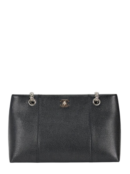 CHANEL - Black Caviar Chain Tote Bag Silver Hardware