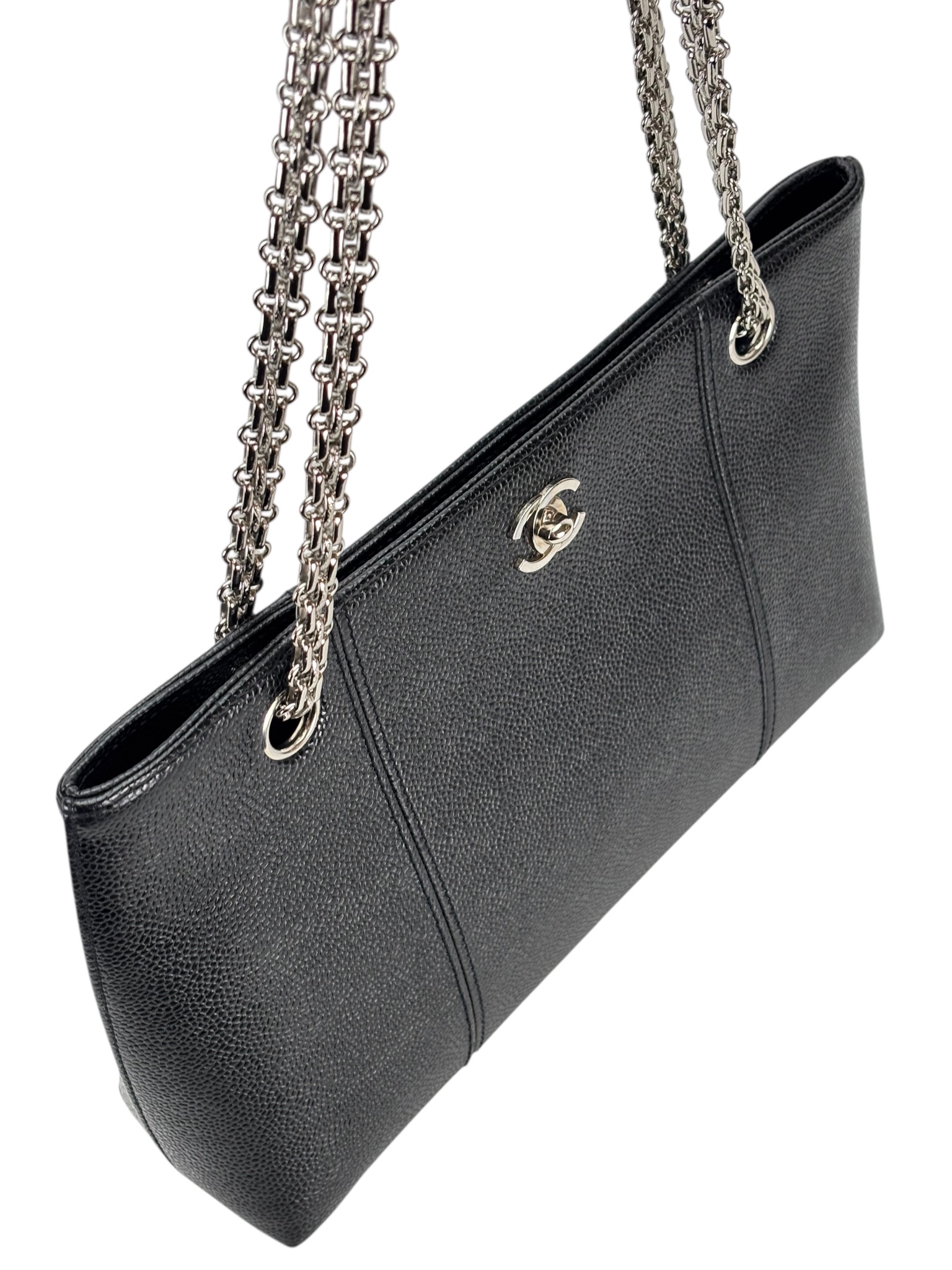 CHANEL - Black Caviar Chain Tote Bag Silver Hardware