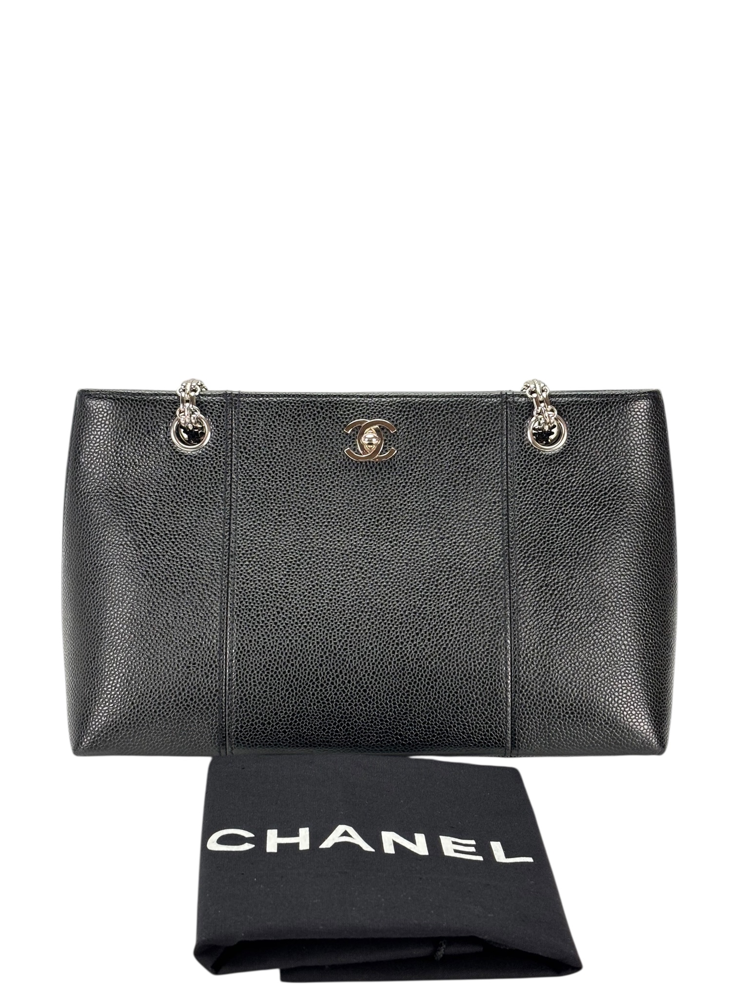 CHANEL - Black Caviar Chain Tote Bag Silver Hardware