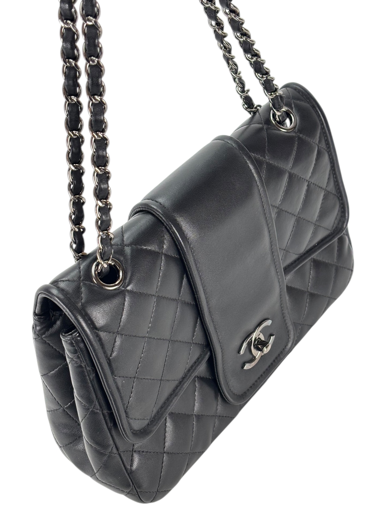 CHANEL - Black Lambskin Matelasse Chain Shoulder Bag Sliver Hardware