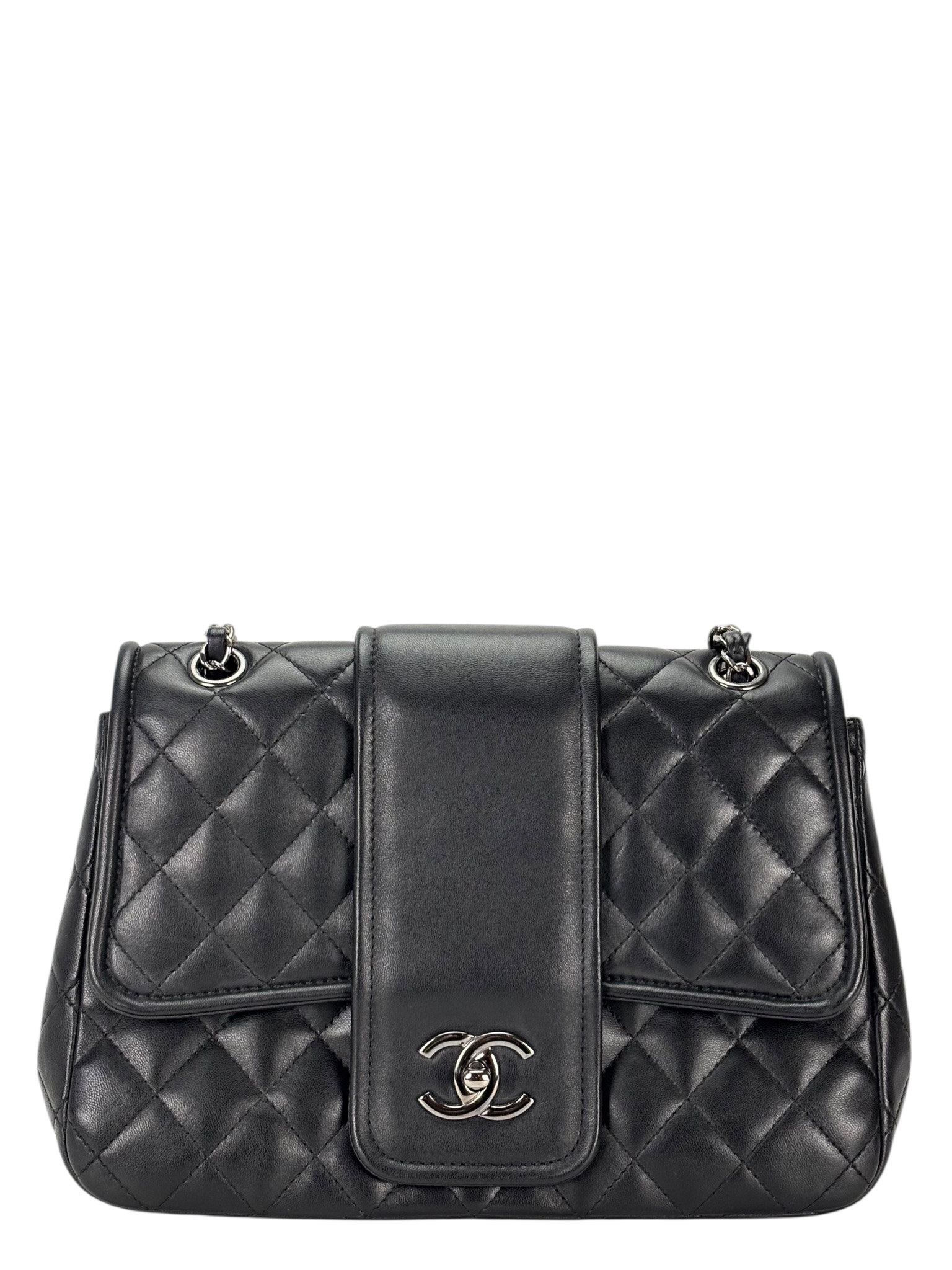CHANEL - Black Lambskin Matelasse Chain Shoulder Bag Sliver Hardware