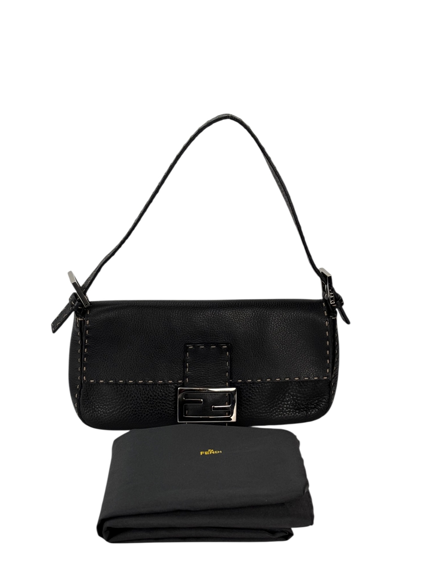 FENDI - Black Leather Selleria Baguette Bag