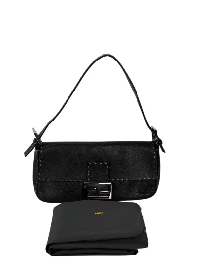FENDI - Black Leather Selleria Baguette Bag