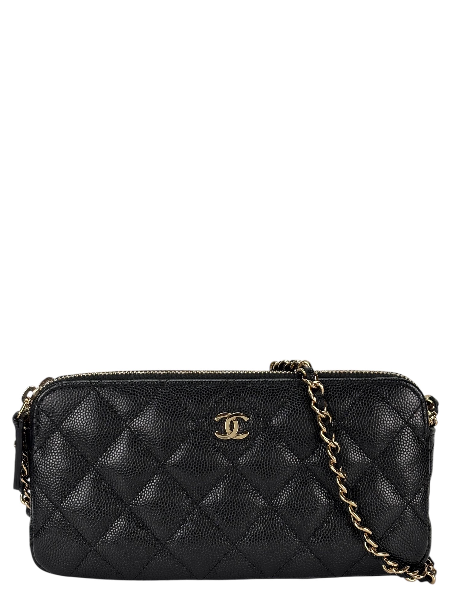 CHANEL - Black Caviar Chain Wallet Matelasse Shoulder Bag 