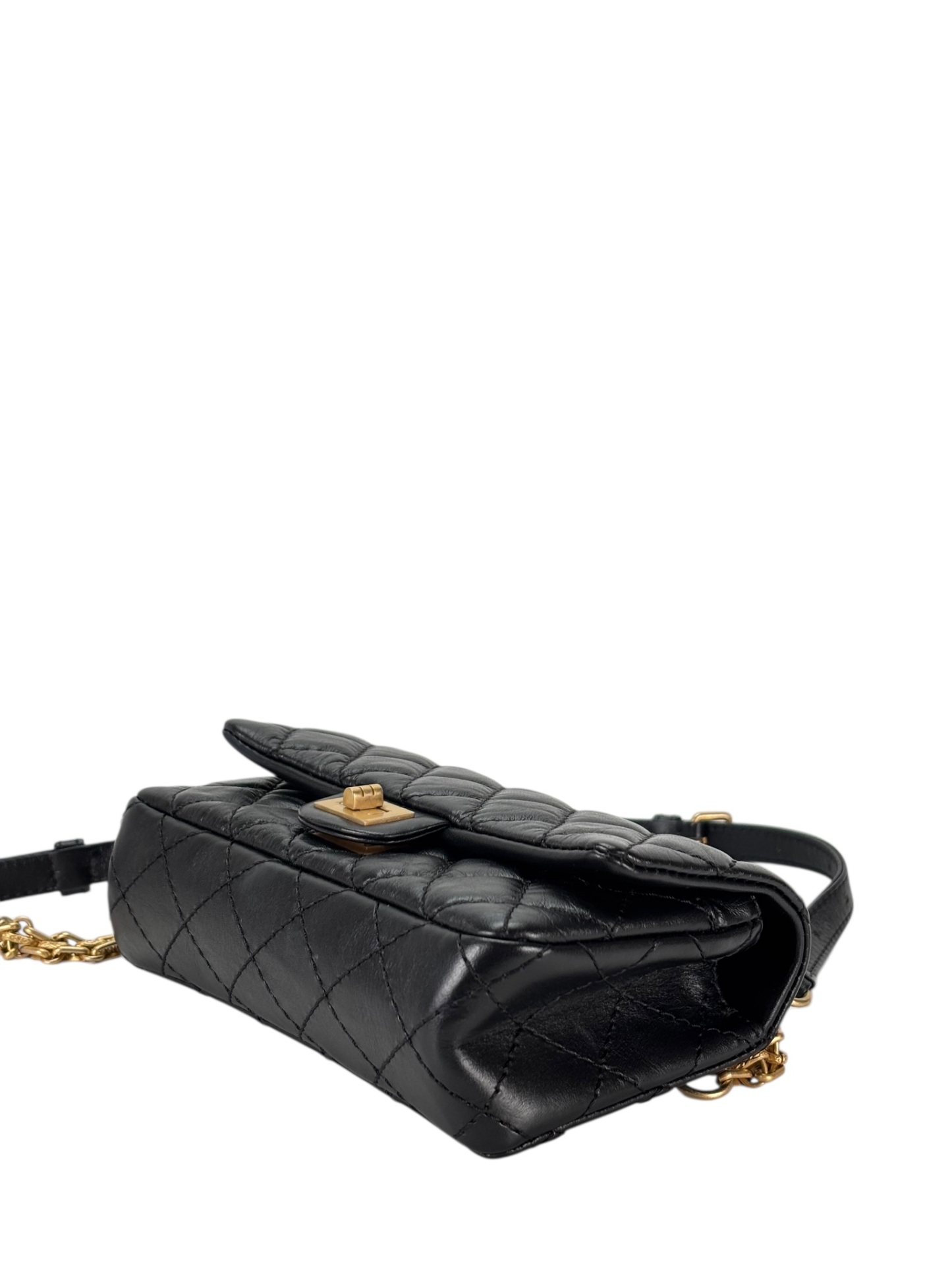 CHANEL - 2.55 Reissue Black Calfskin Belt Bag Quilted Aged