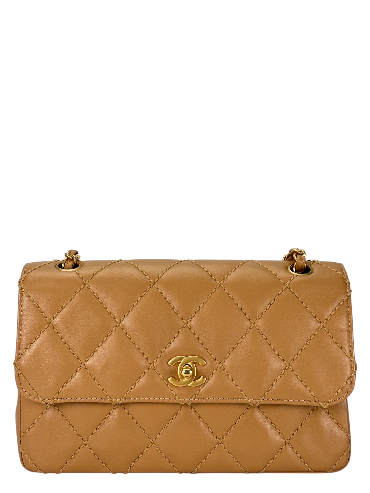 CHANEL -Wild Stitch Classic Flap Bag Beige Calfskin Gold Hardware