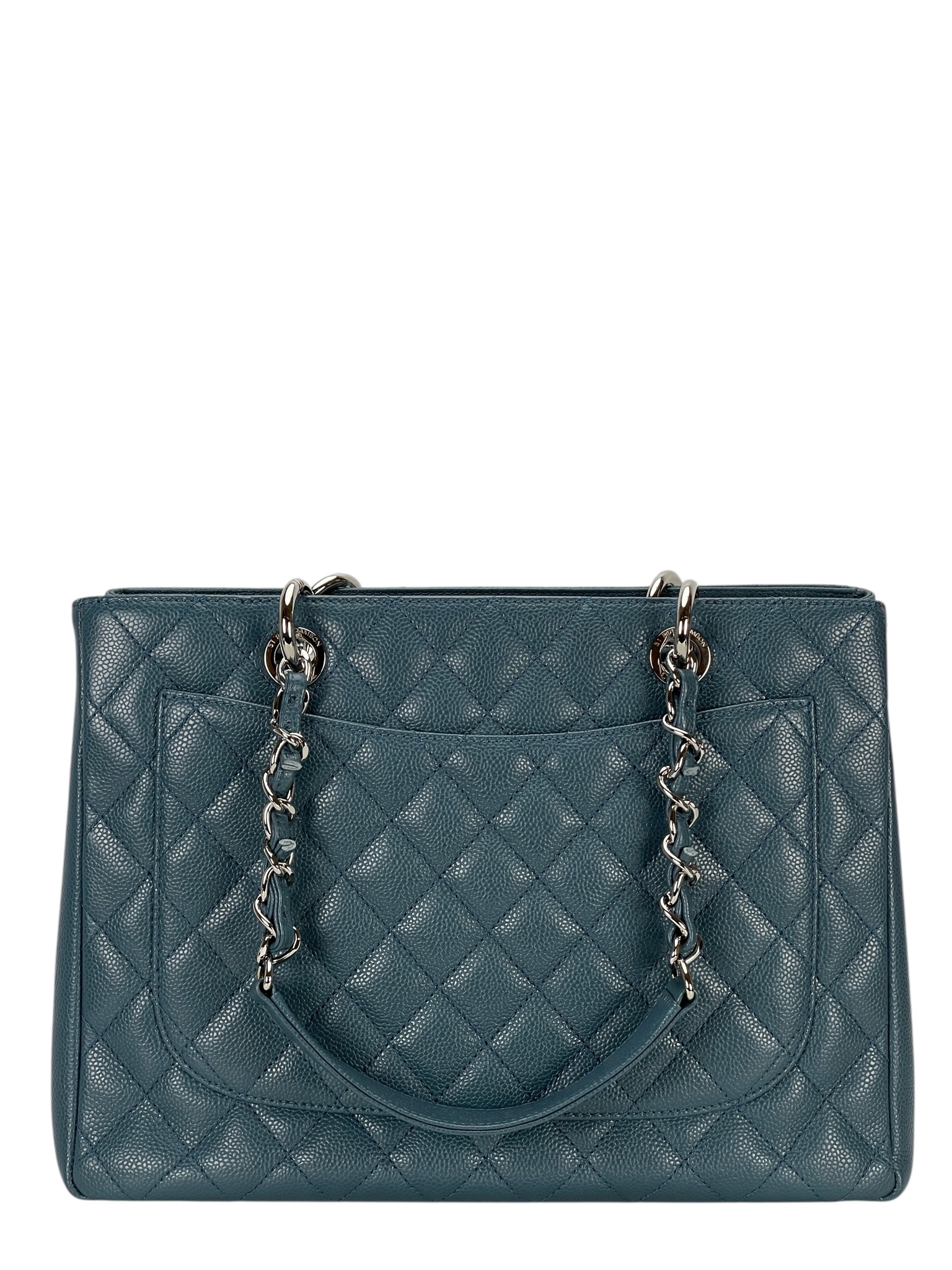 CHANEL - Misty Blue Caviar Quilted Grand Shopping Tote GST Sliver Hardware 